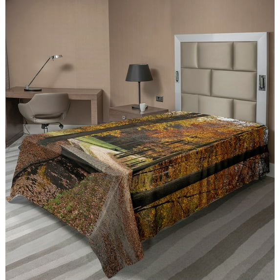 Ambesonne Autumn Flat Sheet, Gloomy Day Forest Path, Twin Size, Seal Brown Marigold