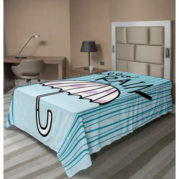 Ambesonne Autumn Flat Sheet, Hello Rain Wording Umbrella, TwinXL Size, Pale Blue Mauve