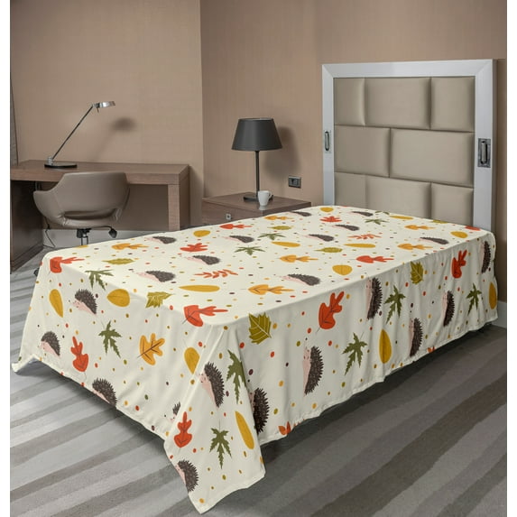 Ambesonne Autumn Flat Sheet, Leafs Dots and Hedgehogs, Twin Size, Eggshell and Multicolor