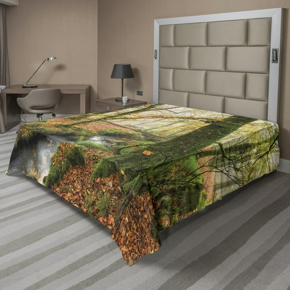 Ambesonne Autumn Flat Sheet, Misty Woods Cornwall, California King, Orange Green Yellow