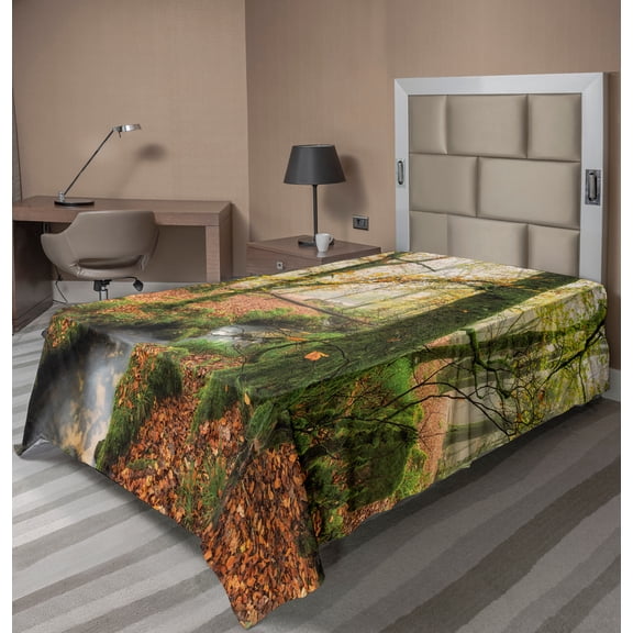 Ambesonne Autumn Flat Sheet, Misty Woods Cornwall, Twin Size, Orange Green Yellow