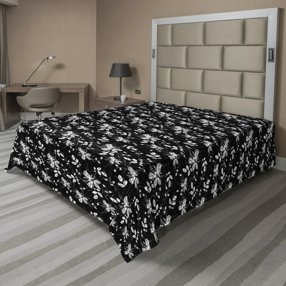 Ambesonne Autumn Flat Sheet, Monochrome Nature Leaves, Full Size, Charcoal Grey and White