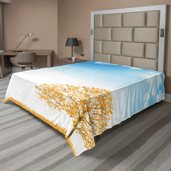Ambesonne Autumn Flat Sheet, Pastoral Maple Tree, King Size, Orange Blue and White