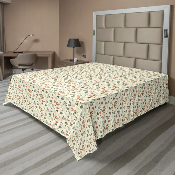 Ambesonne Autumn Flat Sheet, Pine Cones Leafs Rose Hip, Full Size, Cream and Dark Peach