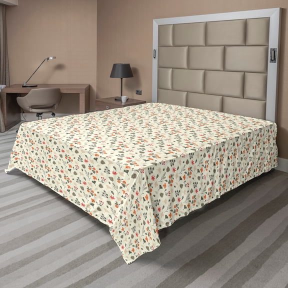 Ambesonne Autumn Flat Sheet, Pine Cones Leafs Rose Hip, King Size, Cream and Dark Peach