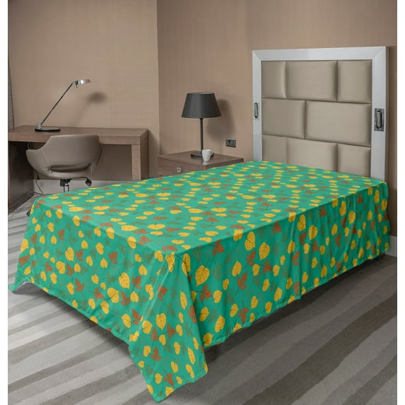 Ambesonne Autumn Flat Sheet, Seasonal Fall of the Leaf, TwinXL Size, Sea Green and Mustard