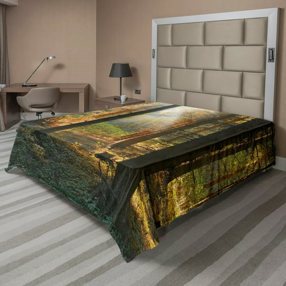 Ambesonne Autumn Flat Sheet, Sunset Dark Pine Trees, King Size, Orange Green