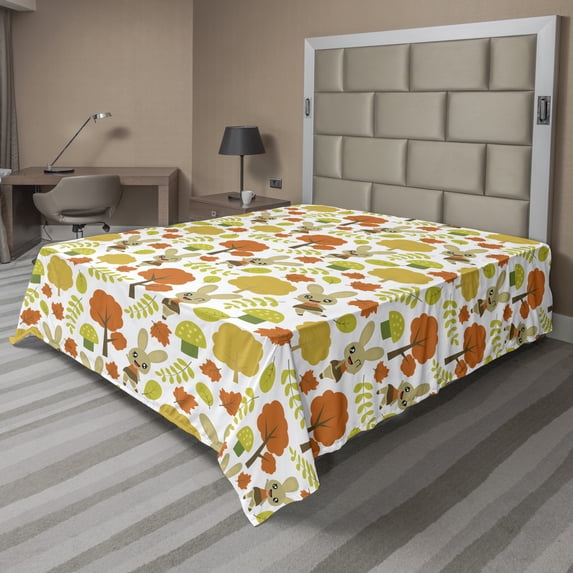 Ambesonne Autumn Flat Sheet, Tree Foliage Rabbits Art, Queen Size, White Pale Vermilion