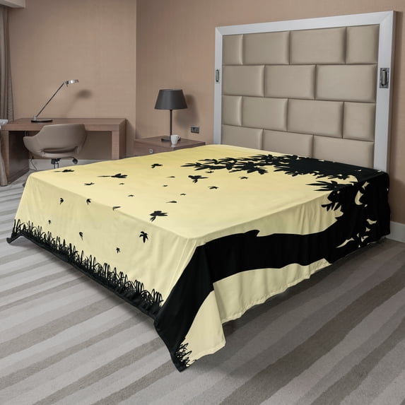 Ambesonne Autumn Flat Sheet, Tree with Falling Leaves, King Size, Mustard Black