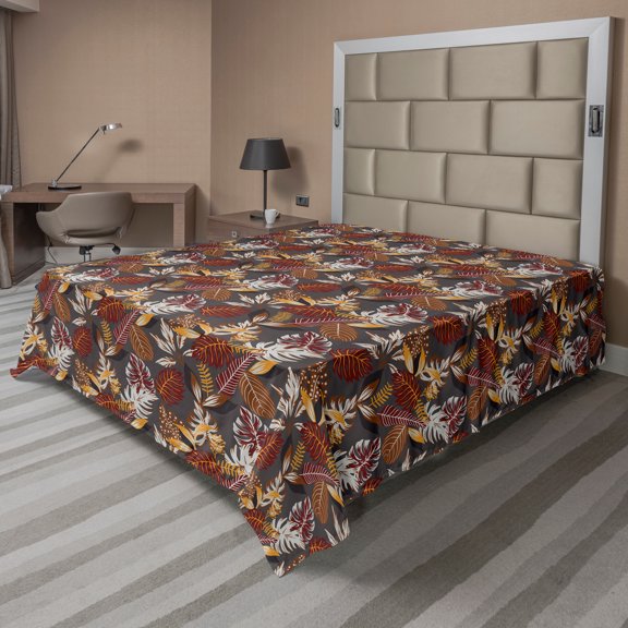 Ambesonne Autumn Flat Sheet, Tropic Leaves in Earth Tones, Full Size, Dimgray and Multicolor