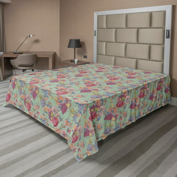 Ambesonne Autumn Flat Sheet, Vintage Grapes Motif Pattern, Queen Size, Almond Green and Multicolor