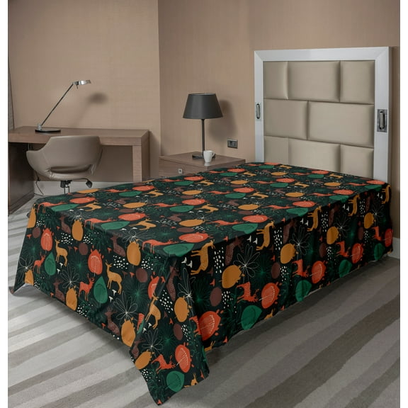 Ambesonne Autumn Flat Sheet, Wild Forest Season Gazelle, TwinXL Size, Amber and Jade Green