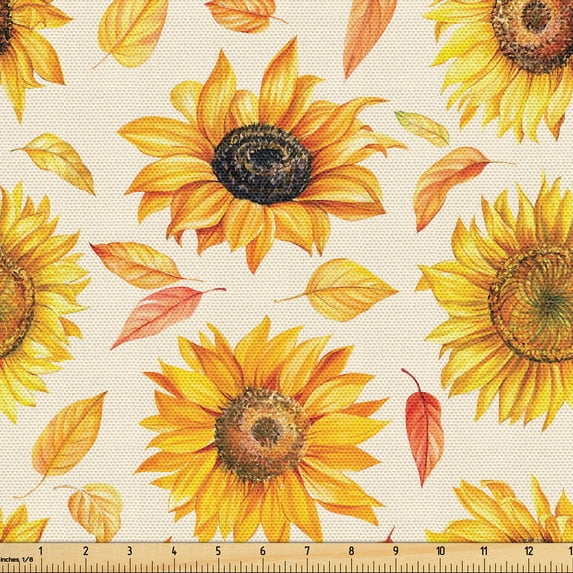 Ambesonne Autumn Floral Fabric by the Yard Upholstery, Sunflowers Vintage, 3 Yards, Dark Orange and Earth Yellow