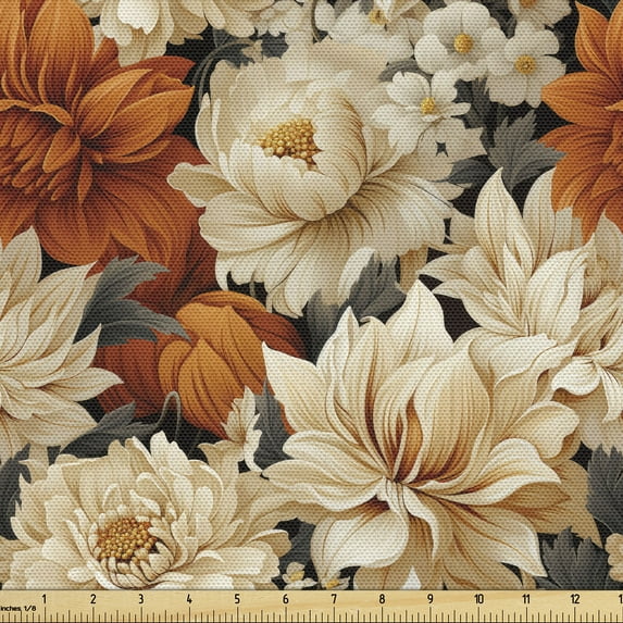 Ambesonne Autumn Floral Fabric by the Yard Upholstery, White Warm Flowers, 2 Yards, Dark Orange Taupe Khaki