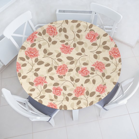 Ambesonne Autumn Floral Fitted Round Tablecloth, Retro Romantic Rose, 36"- 40" Diameter, Cream Pale Pink Sepia