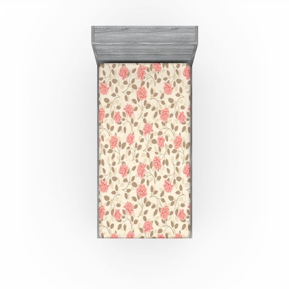 Ambesonne Autumn Floral Fitted Sheet, Retro Romantic Rose, Twin XL Size, Cream Pale Pink Sepia