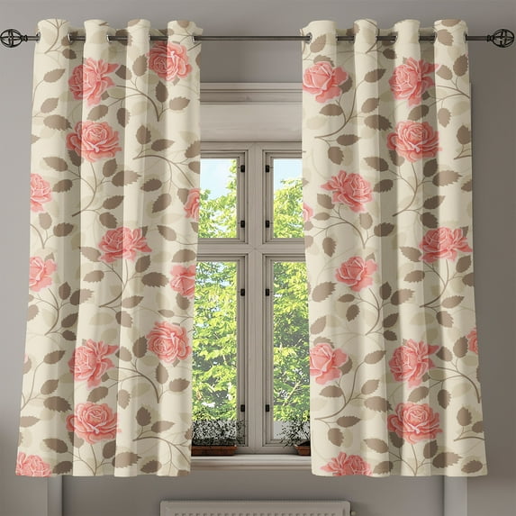 Ambesonne Autumn Floral Grommet Curtain, Retro Romantic Rose, 50"x60", Cream Pale Pink Sepia