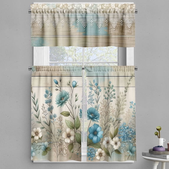 Ambesonne Autumn Floral Valance & Curtain 3 Pcs Set, Art Icy Petal Flowery, 55"x36", Sea Blue Grey Yellow