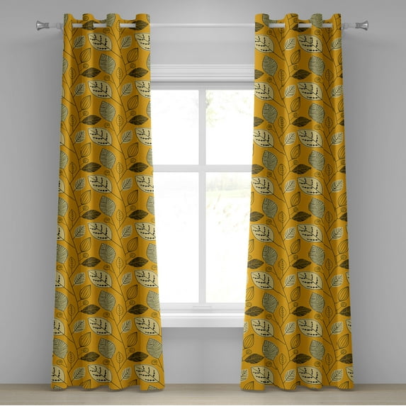 Ambesonne Autumn Grommet Curtain, Fall Leaves Botany Print Art, 50"x108", Marigold Black and Beige