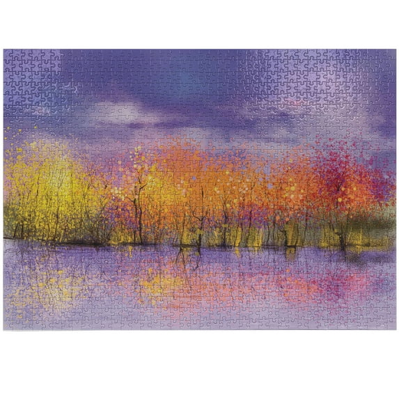 Ambesonne Autumn Jigsaw Puzzle Durable Cardboard, Fall Season Trees River, 1000 pcs, Lavender Yellow