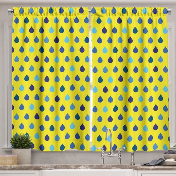 Ambesonne Autumn Kitchen Curtains, Cartoon Falling Raindrops, 55"x36", Yellow and Deep Sky Blue
