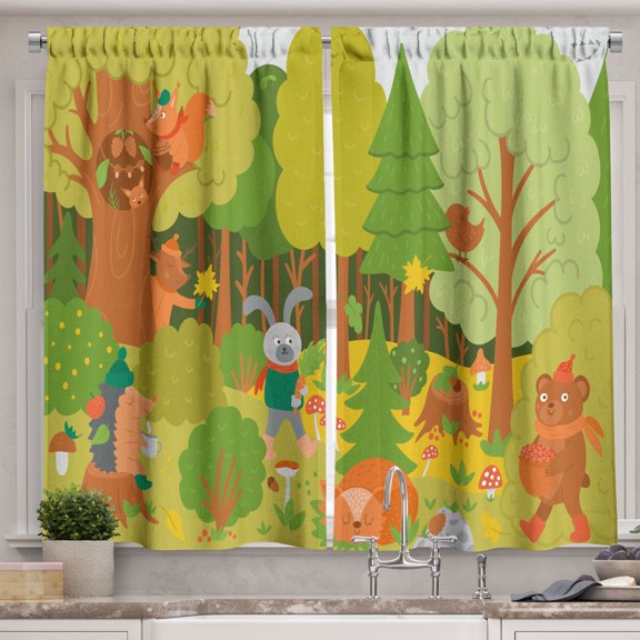 Ambesonne Autumn Kitchen Curtains, Cartoon Woodland Scene Art, 55"x24", Reseda Green and Burnt Orange