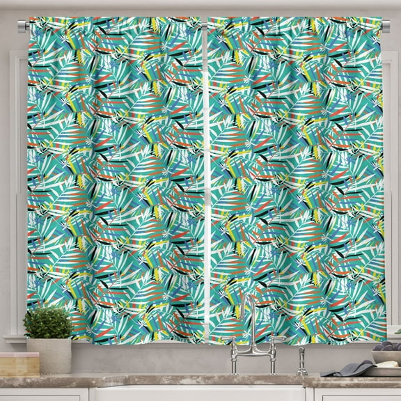 Ambesonne Autumn Kitchen Curtains, Colorful Palm Leaves Ferns, 55"x30", Dark Seafoam Vermilion