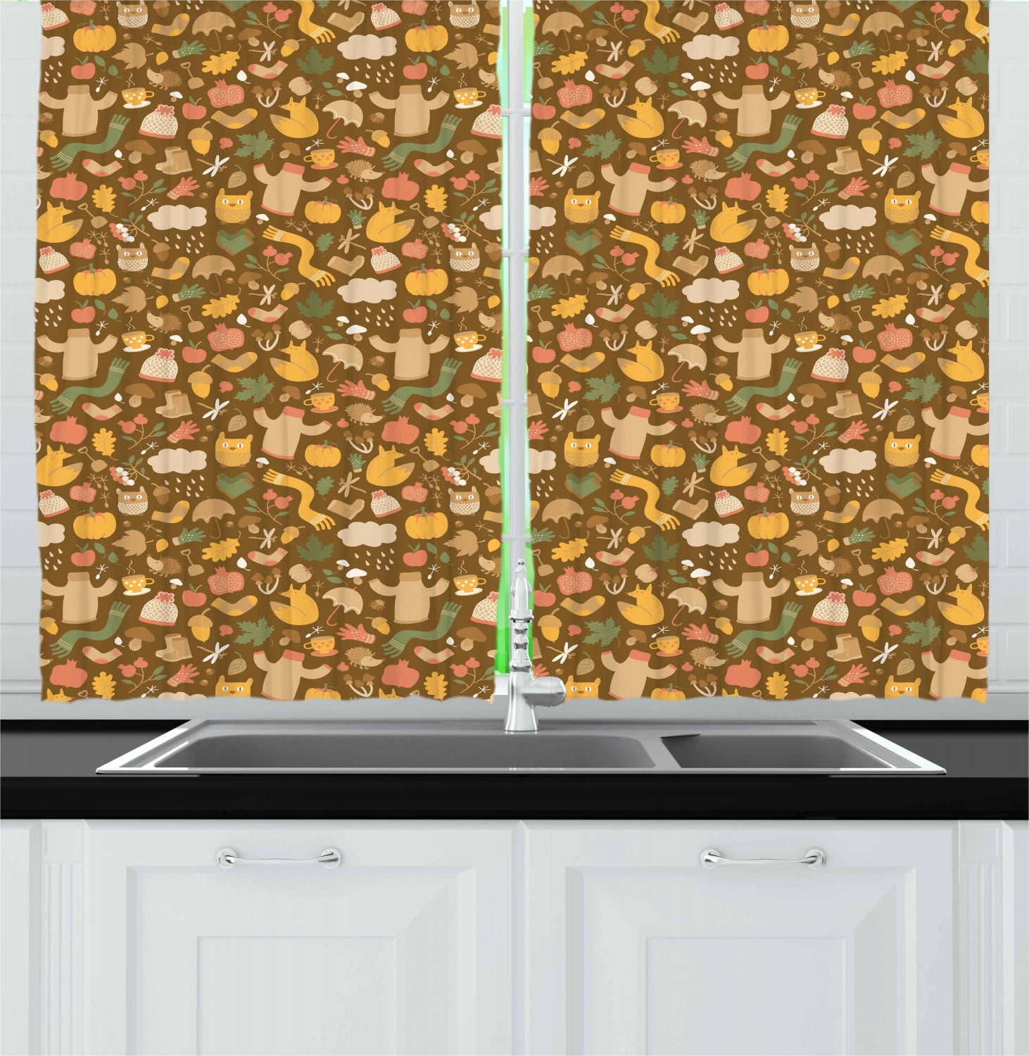 Autumn Multicolor Polyester Light-Filtering Kitchen Curtains 55" x 39"