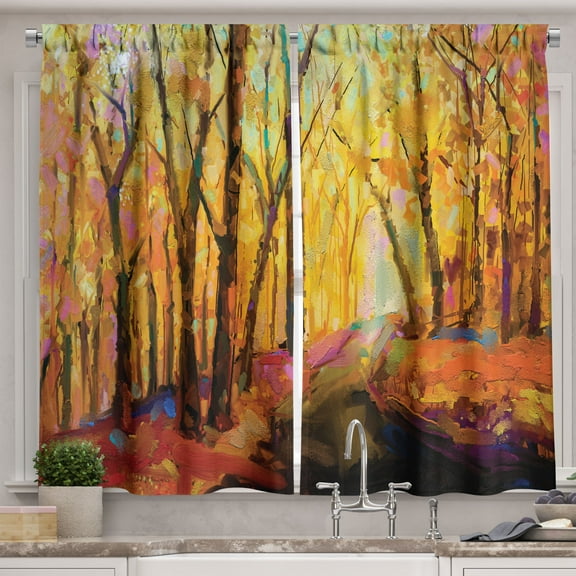 Ambesonne Autumn Kitchen Curtains, Fall Time Forest Scenery, 55"x39", Multicolor