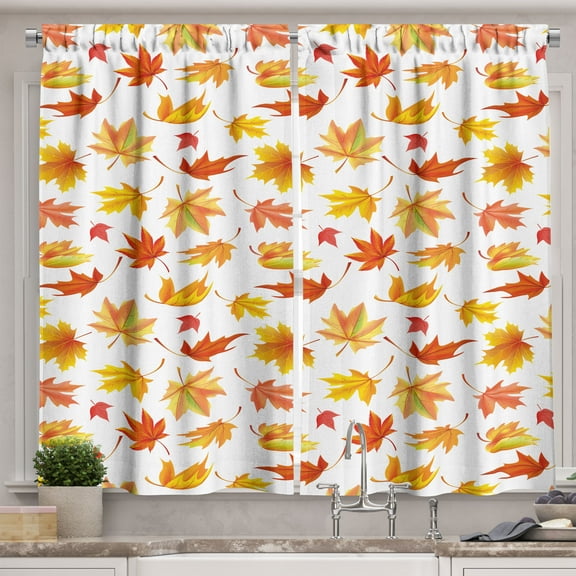 Ambesonne Autumn Kitchen Curtains, Fallen Maple Leaves Pattern, 55"x45", White and Multicolor