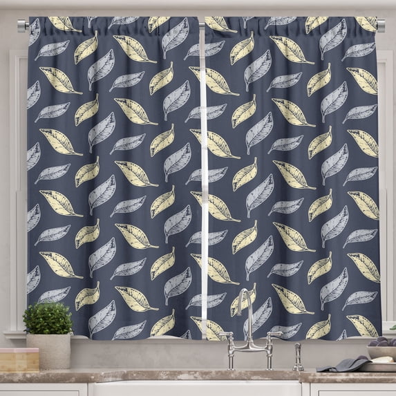 Ambesonne Autumn Kitchen Curtains, Grunge Nature Art Leaves, 55"x24", Dark Slate Blue and Cream