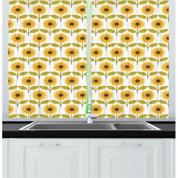 Ambesonne Autumn Kitchen Curtains, Sunflowers Retro Country, 55"x45", Yellow White Green
