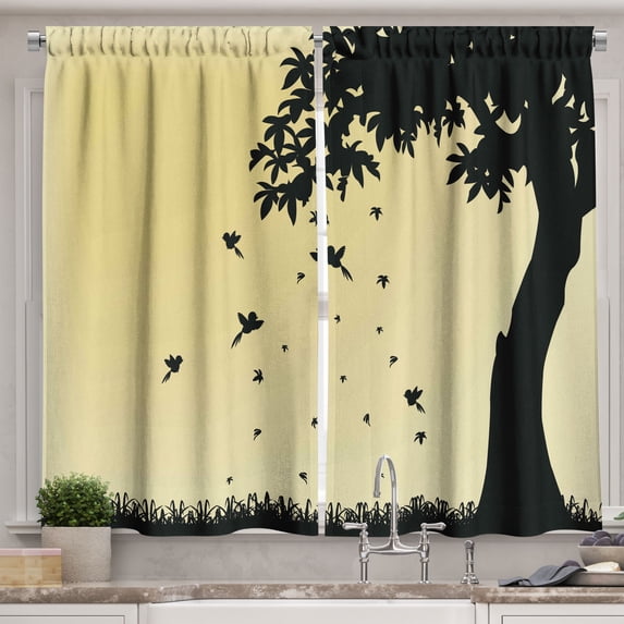 Ambesonne Autumn Kitchen Curtains, Tree with Falling Leaves, 55"x39", Mustard Black