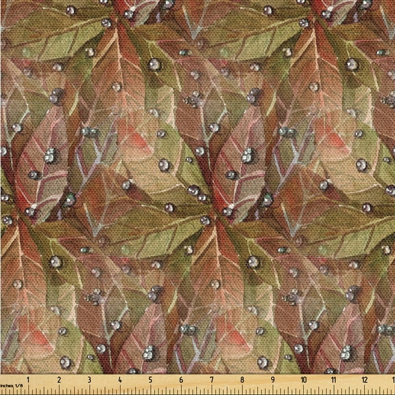 Ambesonne Autumn Leaves Fabric by the Yard Upholstery, Fall Forest Leaf Art, 1 Yard, Pale Ruby Peacock Green