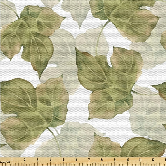 Ambesonne Autumn Leaves Fabric by the Yard Upholstery, Botany Romantic Leaf, 3 Yards, Pistachio Green White
