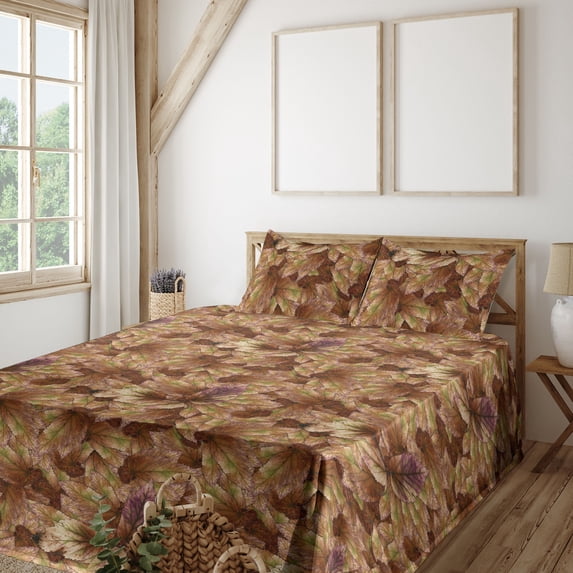 Ambesonne Autumn Leaves Fitted & Flat Sheet with Sham 3 Pcs Set, Neutral Leafy Print, Twin XL, Dark Khaki Lime Green