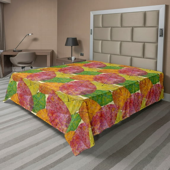 Ambesonne Autumn Leaves Flat Bedding Sheet Soft Top Sheet, Colorful Leaf Print, California King, Apple Green and Fern Green