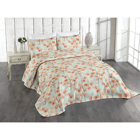 Ambesonne Autumn Leaves Quilted Coverlet 3 Pcs, Simple Leafy Branches, King Size, Mint Green Burnt Sienna