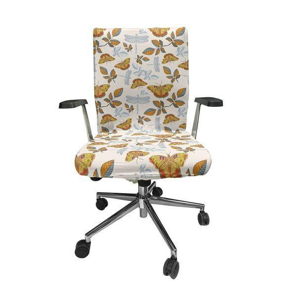 Ambesonne Autumn Office Chair Cover Stretchable High Back, Butterfly Leaves Dragonfly, Eggshell and Marigold