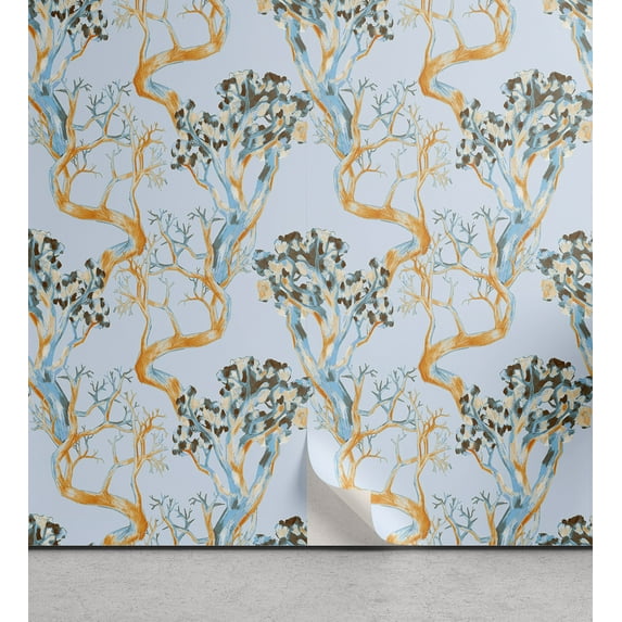 Ambesonne Autumn Peel & Stick Wallpaper for Home, Branches Trees Pencil Art, 13"x72", Pale Vermilion and Teal
