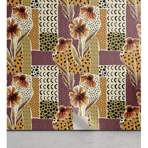 Ambesonne Autumn Peel & Stick Wallpaper for Home, Sunflowers Semicircles Art, 13"x72", Pale Orange and Dark Mustard