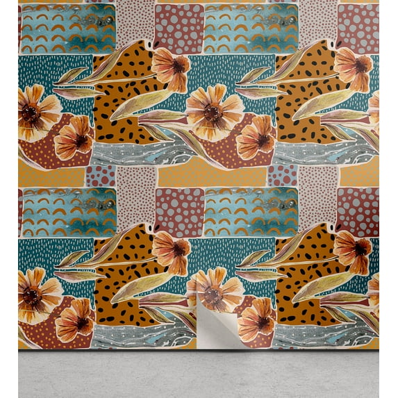Ambesonne Autumn Peel & Stick Wallpaper for Home, Watercolor Dahlia Pattern, 13"x36", Pale Blue Grey and Orange