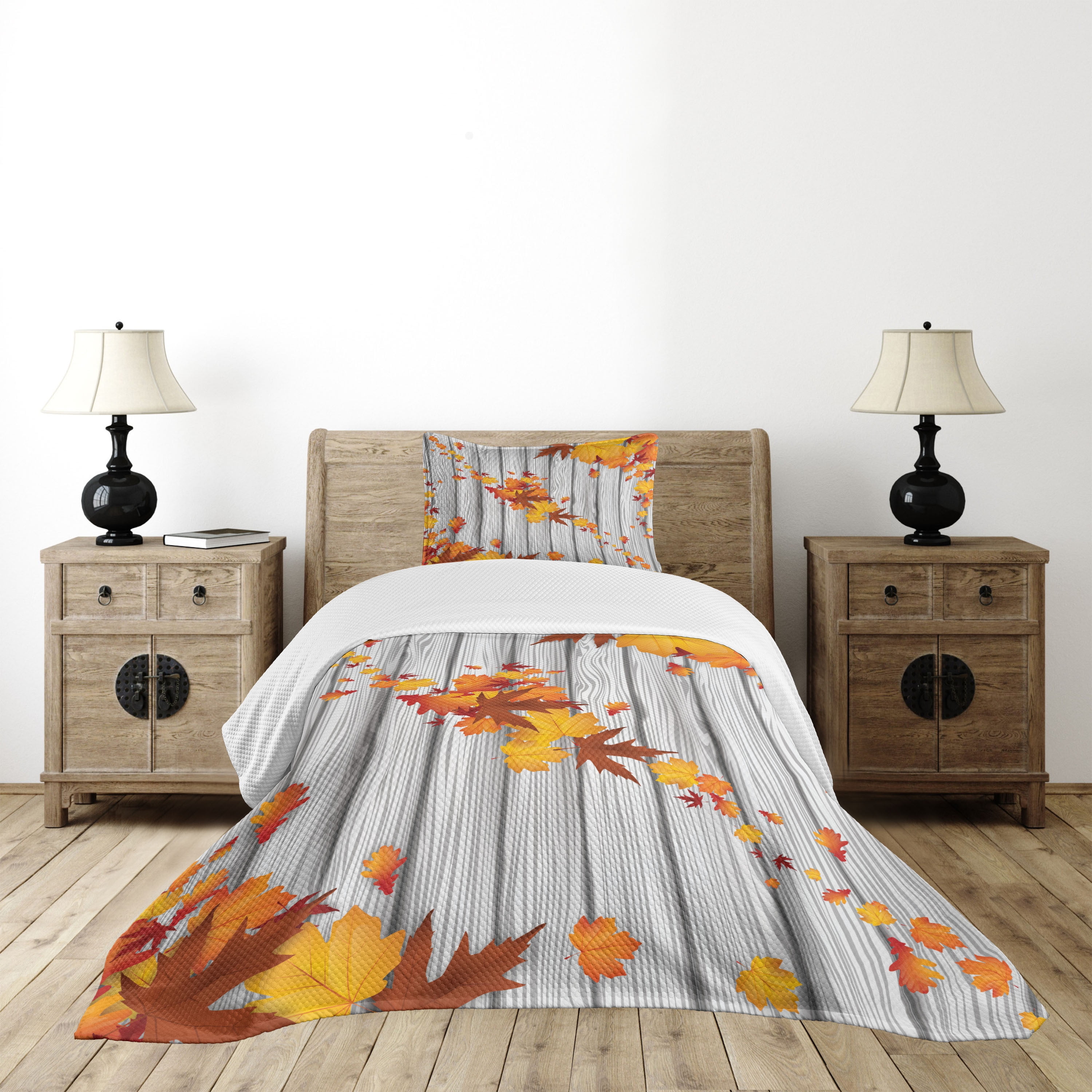 Twin White and Orange Quilted Bedspread Set with Pillow Sham