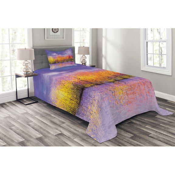 Ambesonne Autumn Quilted Bedspread Set 2 Pcs, Fall Season Trees River, Twin Size, Lavender Yellow