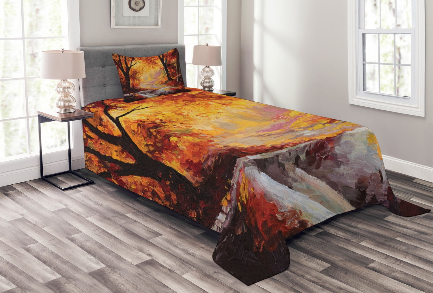 Autumn Forest Twin Quilted Bedspread Set with Pillow Sham