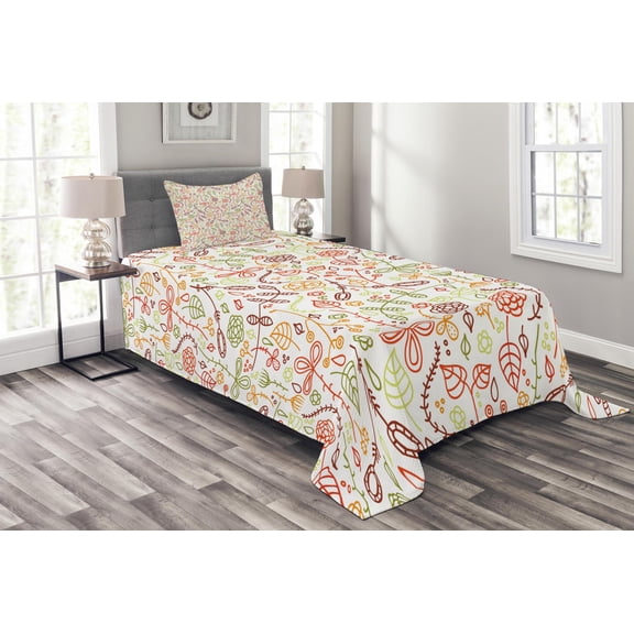 Ambesonne Autumn Quilted Bedspread Set 2 Pcs, Orange Leaves Harvest, Twin Size, Lime Green Burgundy