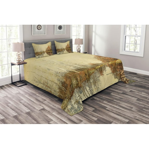 Ambesonne Autumn Quilted Bedspread Set 3 Pcs, Colorful Fallen Leaves, Queen Size, Multicolor