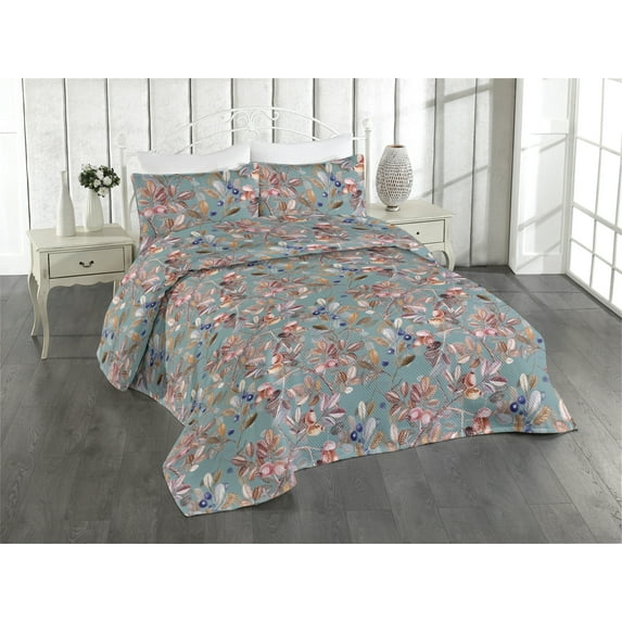 Ambesonne Autumn Quilted Bedspread Set 3 Pcs, Dog Rose Fruits Flowers Art, Twin, Pastel Pink and Dark Violet