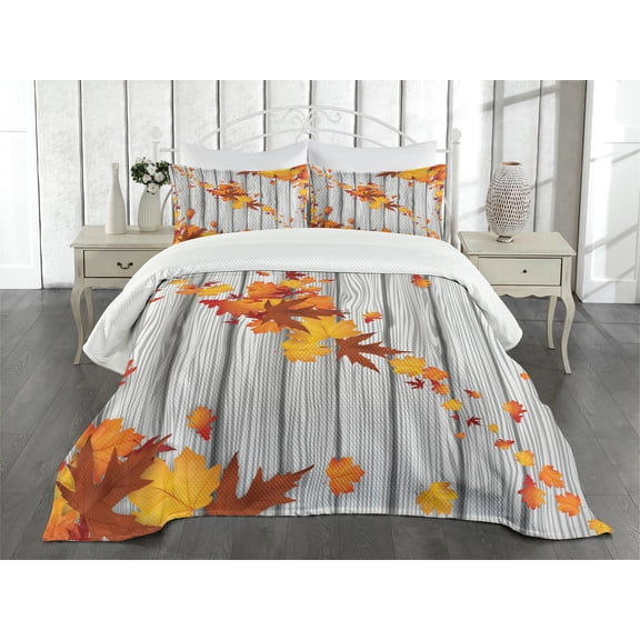 Ambesonne Autumn Quilted Bedspread Set 3 Pcs, Fall Maple Leafs Tree, King Size, Orange White