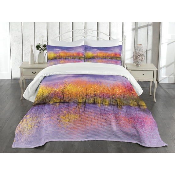 Ambesonne Autumn Quilted Bedspread Set 3 Pcs, Fall Season Trees River, Queen Size, Lavender Yellow